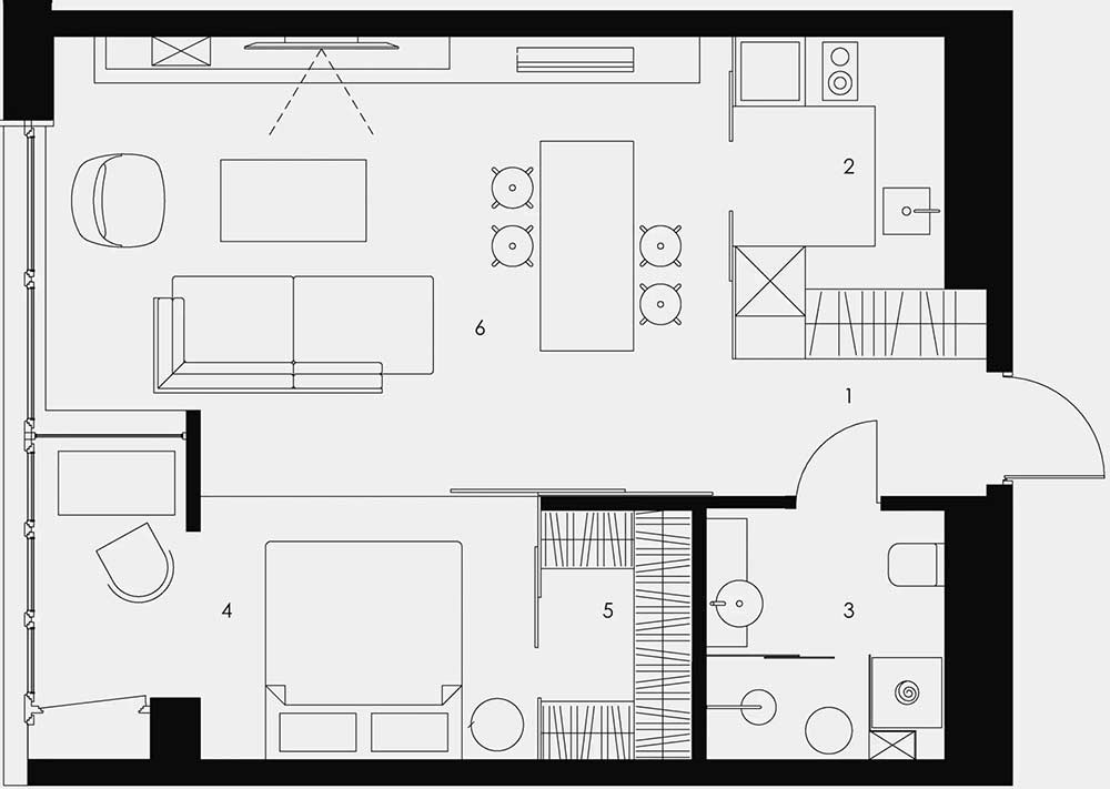 Karakteres, férfias berendezés 47m2-en, otthonos kényelem loft stíluselemekkel