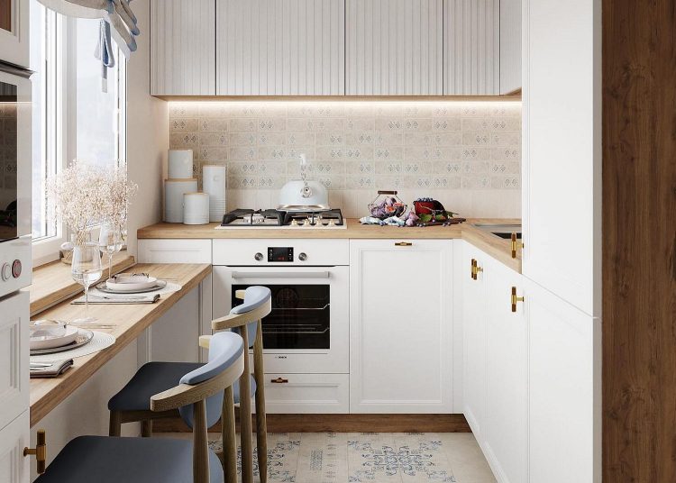 Kis konyha berendezés ötlet 6m2 területen, étkezőpult az ablakban