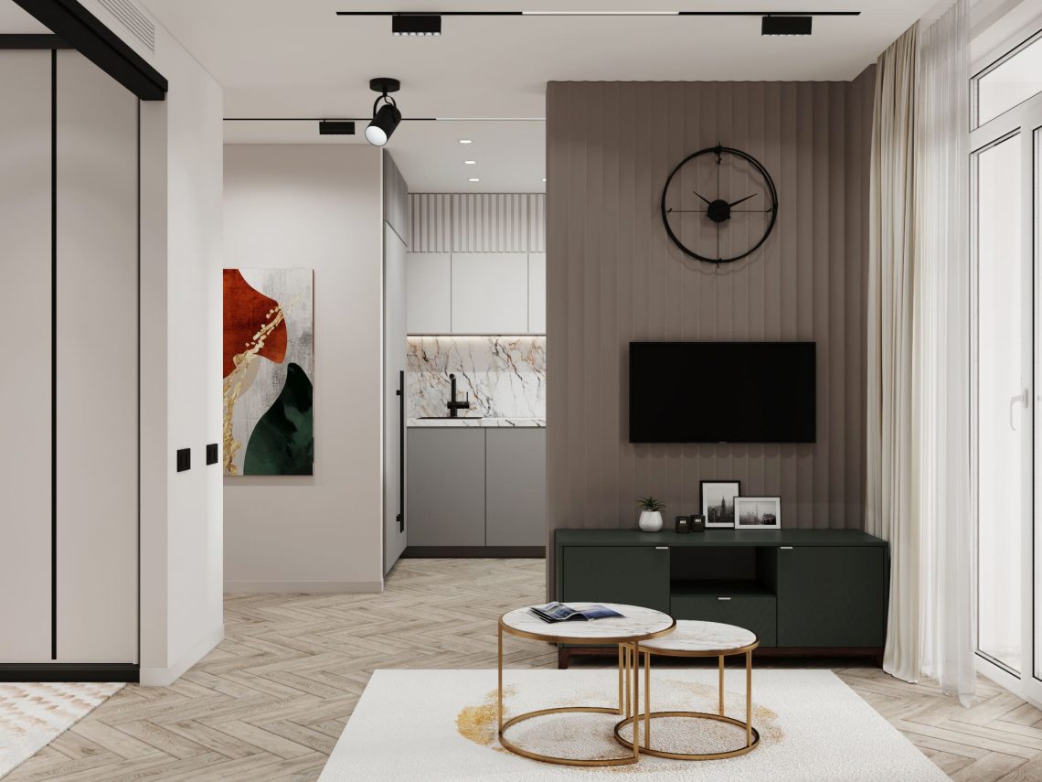 nagy méretű, fekete, kerek óra erőteljes fókuszpont a nappaliban