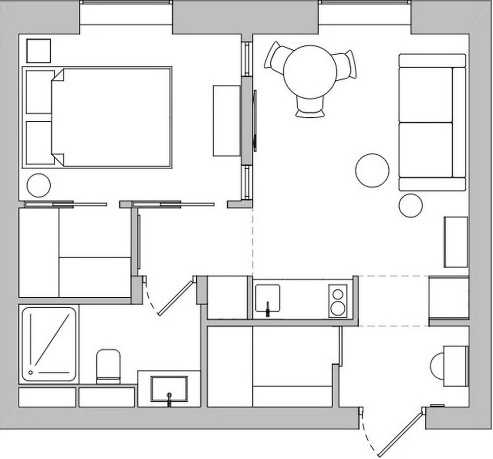 Sötét és világos elemek kontrasztja, elegáns, hangulatos berendezés 40m2