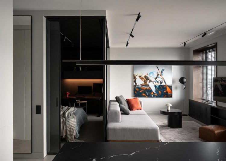 Férfias, modern legénylakás, letisztult vonalak, monokróm színvilág 63m2-en