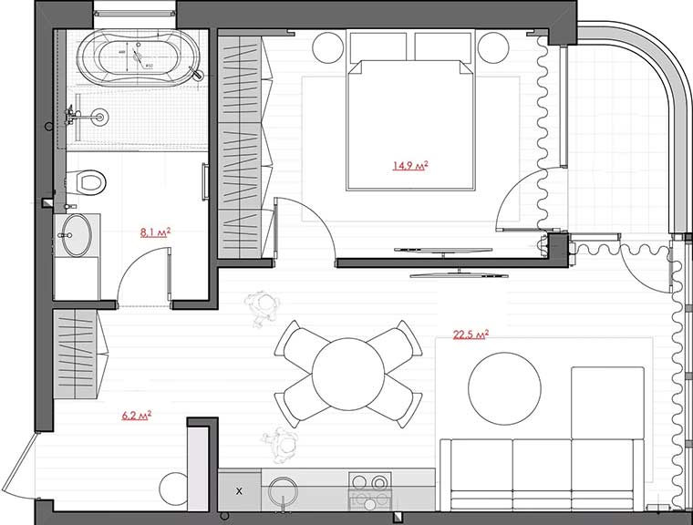 Lakásdekoráció sok fehérrel, modern stílus és klasszikus elemek 52m2-en