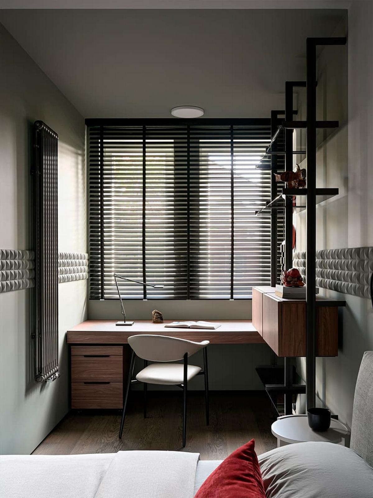 3D falpanel a fő dekorelem a fiatal férfinak berendezett modern lakásban 3D falpanel a fő dekorelem a fiatal férfinak berendezett modern lakásban