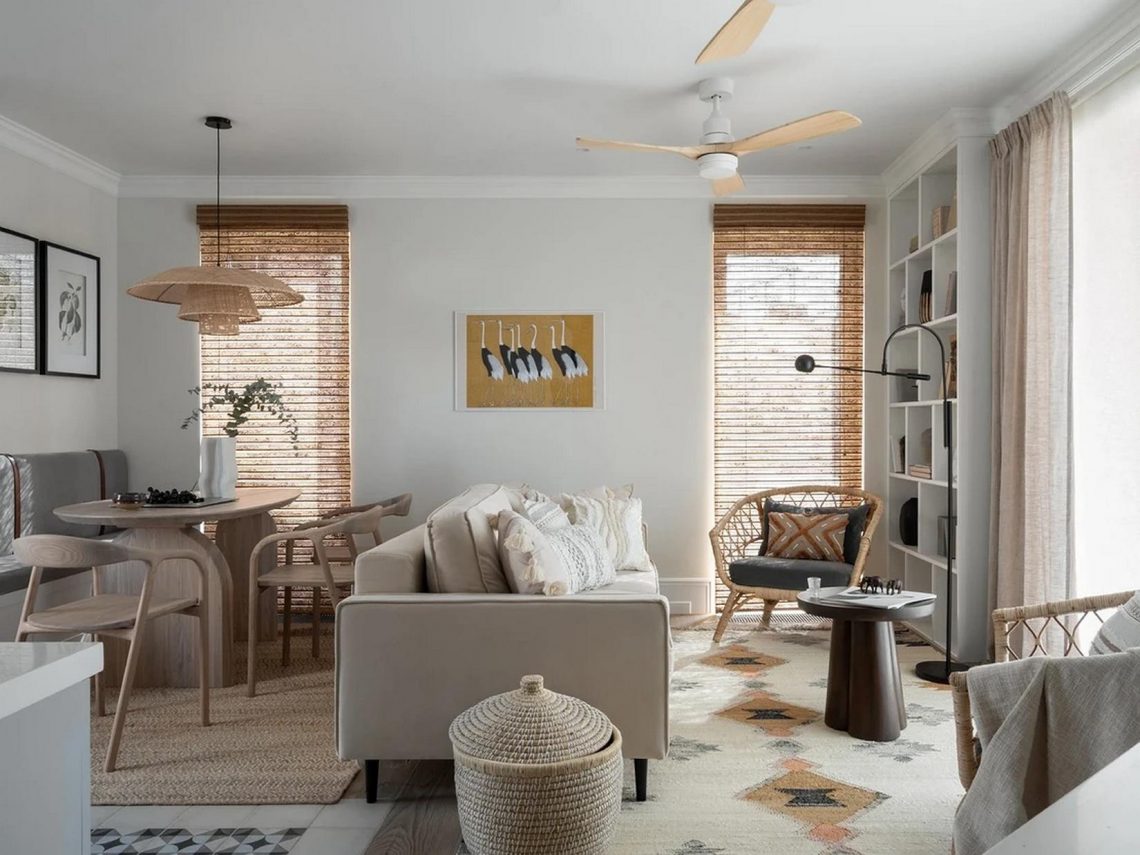 Háromszintes sorház berendezés Mallorca hangulatával, otthonos dekorációval