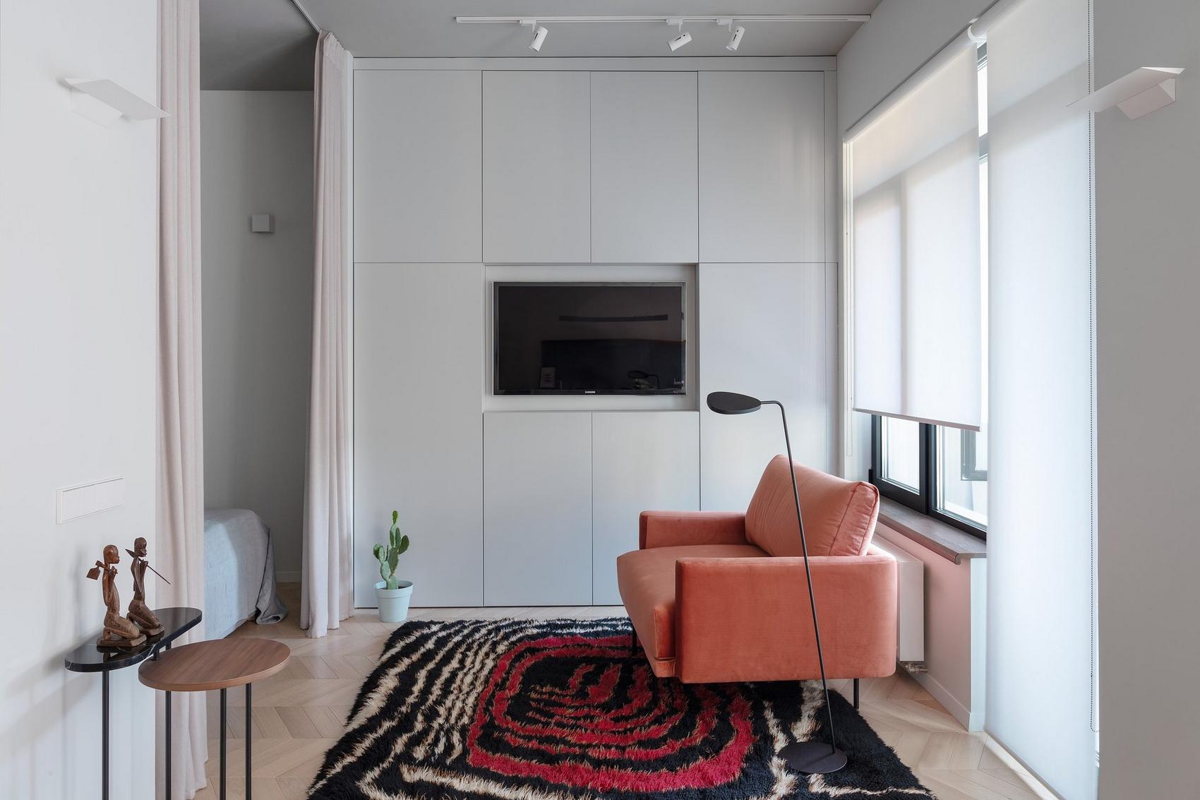 Kis konyhasziget és nyitott, modern, színekkel is díszített tér 40m2-es lakásban Kis konyhasziget és nyitott, modern, színekkel is díszített tér 40m2-es lakásban