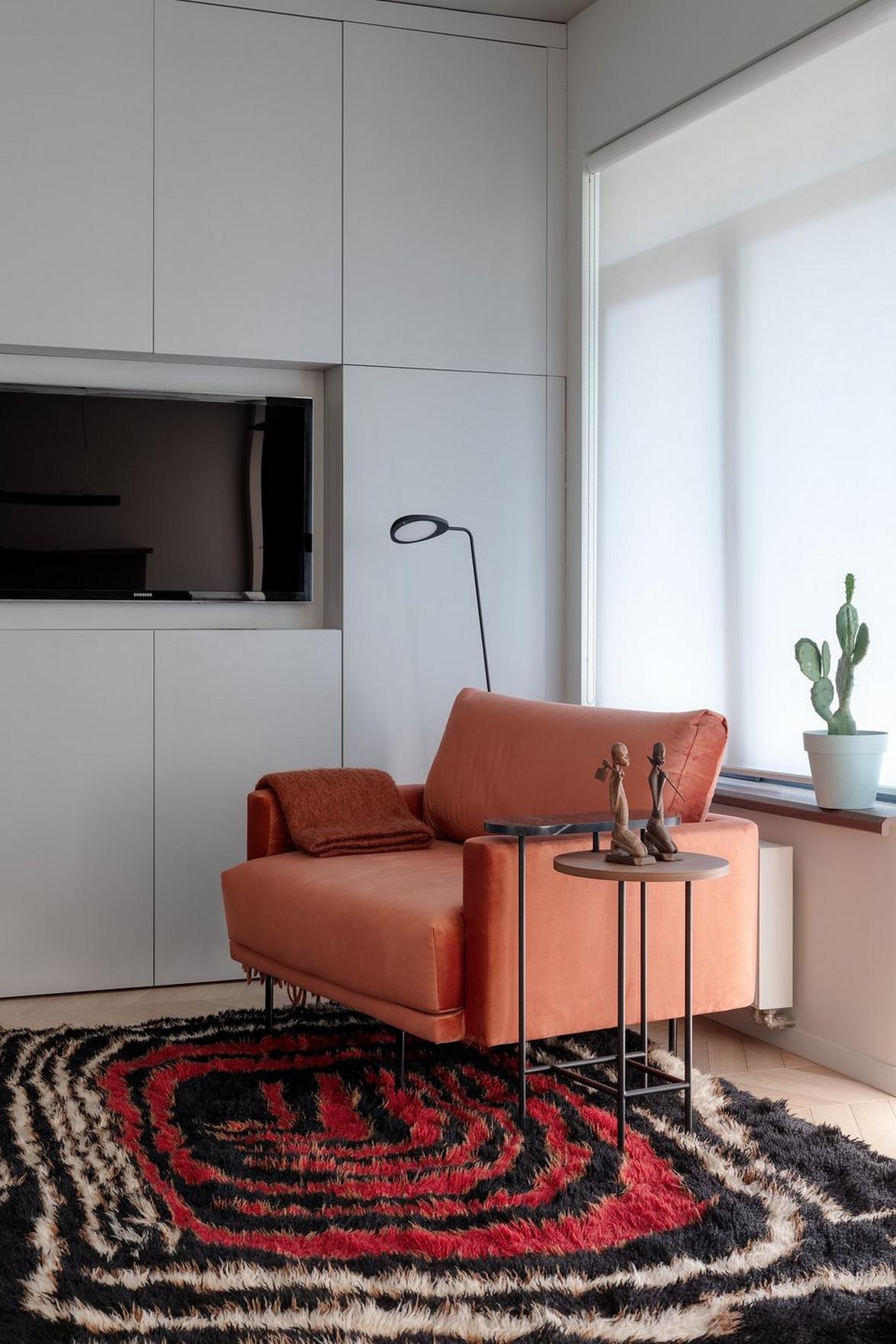 Kis konyhasziget és nyitott, modern, színekkel is díszített tér 40m2-es lakásban Kis konyhasziget és nyitott, modern, színekkel is díszített tér 40m2-es lakásban