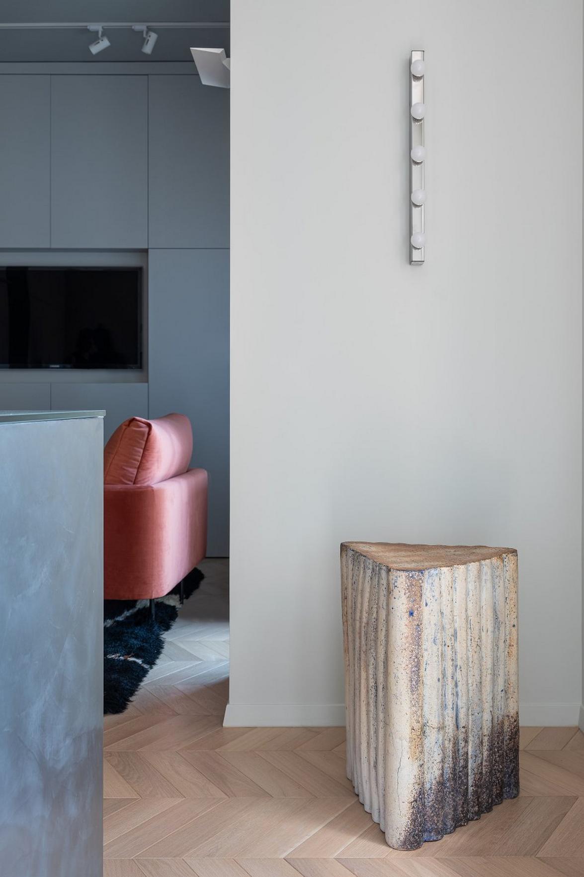 Kis konyhasziget és nyitott, modern, színekkel is díszített tér 40m2-es lakásban Kis konyhasziget és nyitott, modern, színekkel is díszített tér 40m2-es lakásban