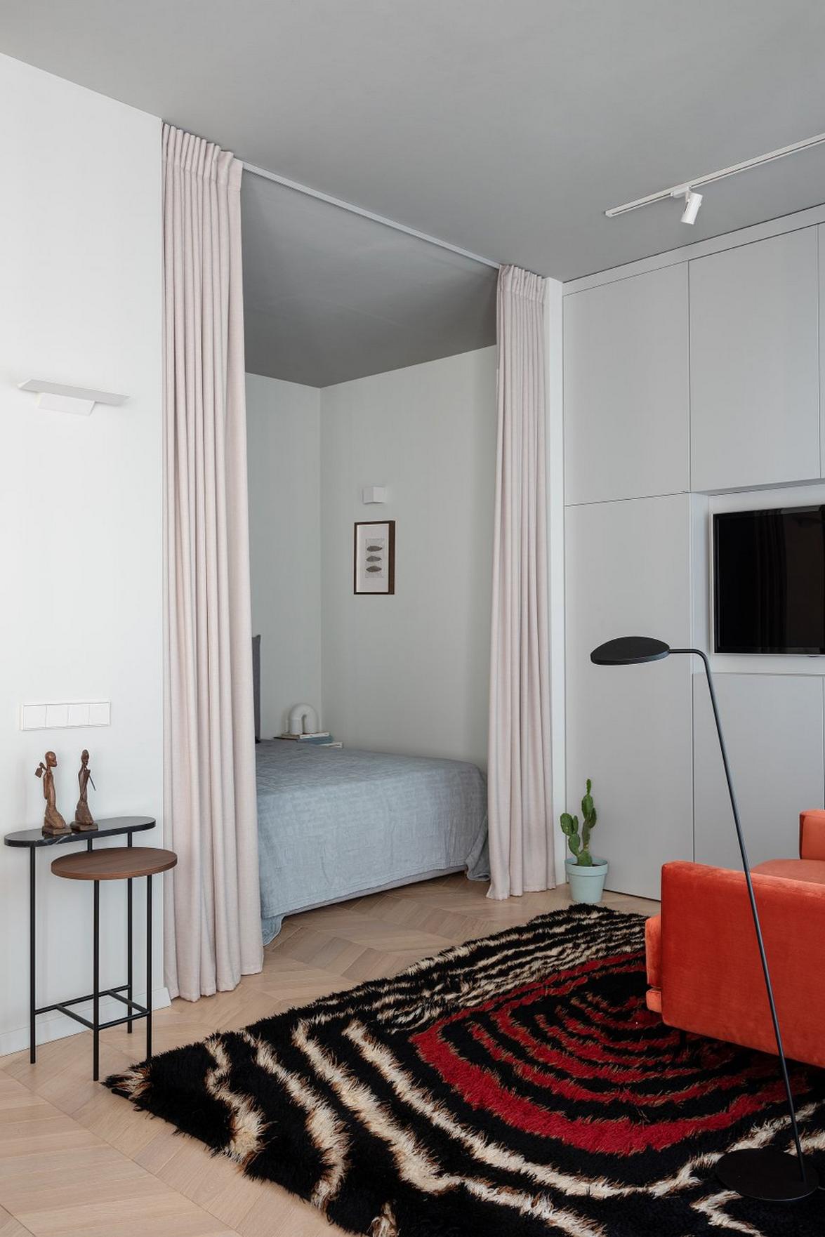 Kis konyhasziget és nyitott, modern, színekkel is díszített tér 40m2-es lakásban Kis konyhasziget és nyitott, modern, színekkel is díszített tér 40m2-es lakásban