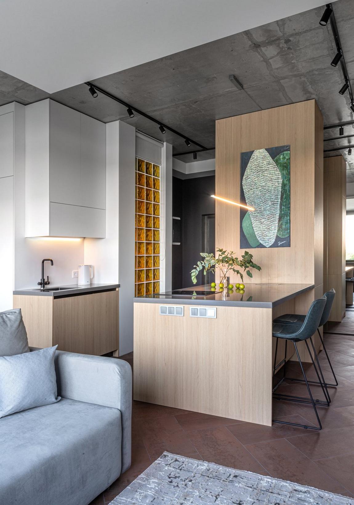 Konyha félsziget lett a lakás központja egy modern, 43m2-es lakásban