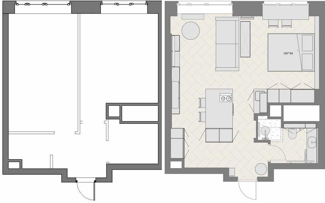 Konyha félsziget lett a lakás központja egy modern, 43m2-es lakásban