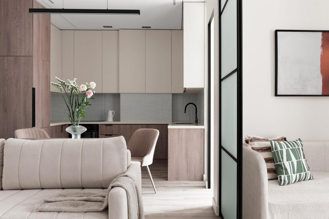 Pasztell monokróm, Japandi elemekkel - kevés természetes fényhez igazított berendezés 50m2-en