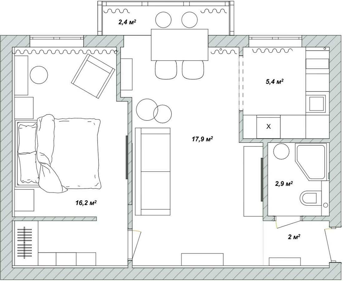 Színesen, egyedi karakterrel berendezett enteriőr, 44m2