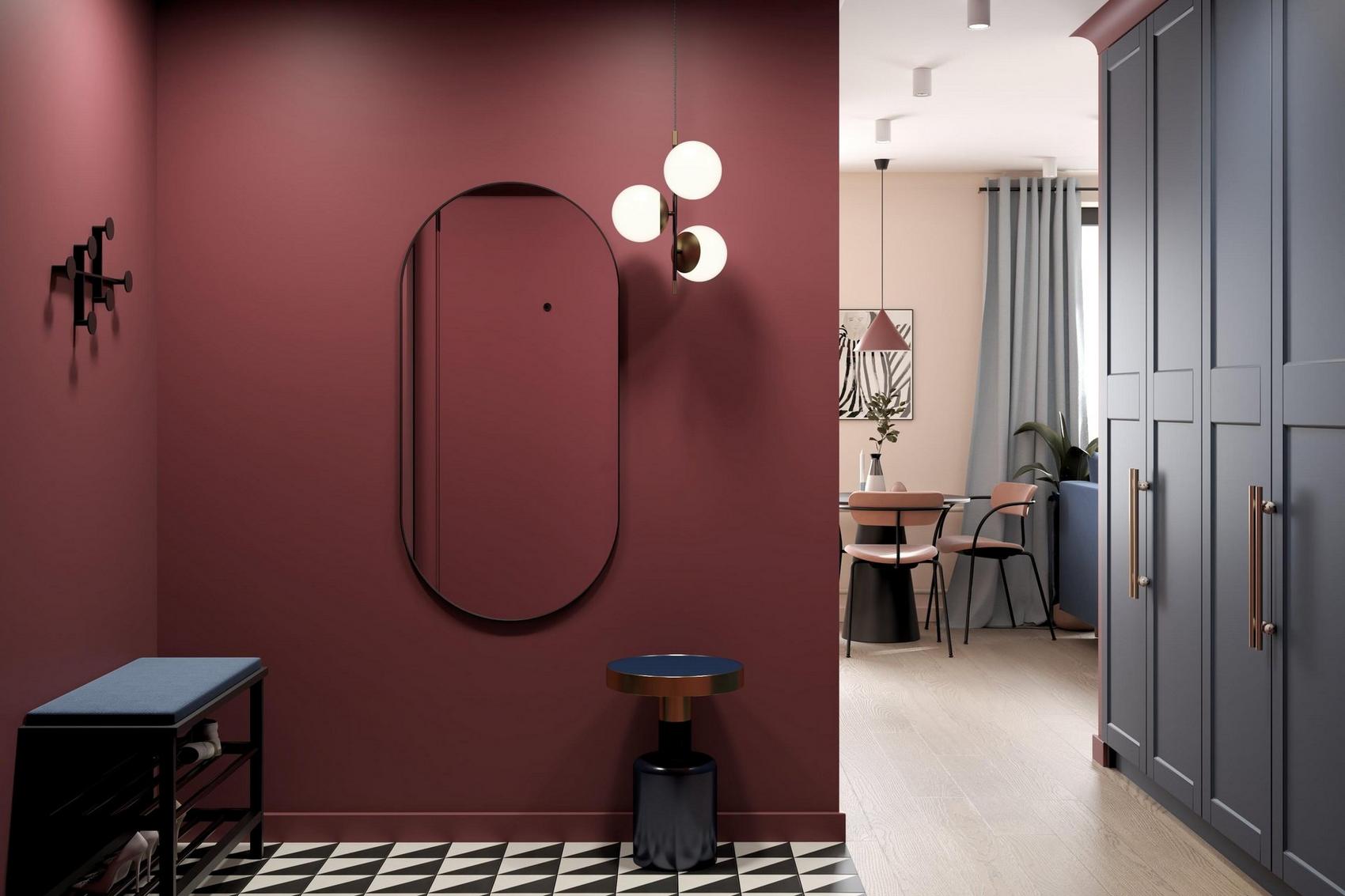 Borvörös, finom rózsaszín és kék - nő kis lakása új, modern elrendezéssel Borvörös, finom rózsaszín és kék - nő kis lakása új, modern elrendezéssel