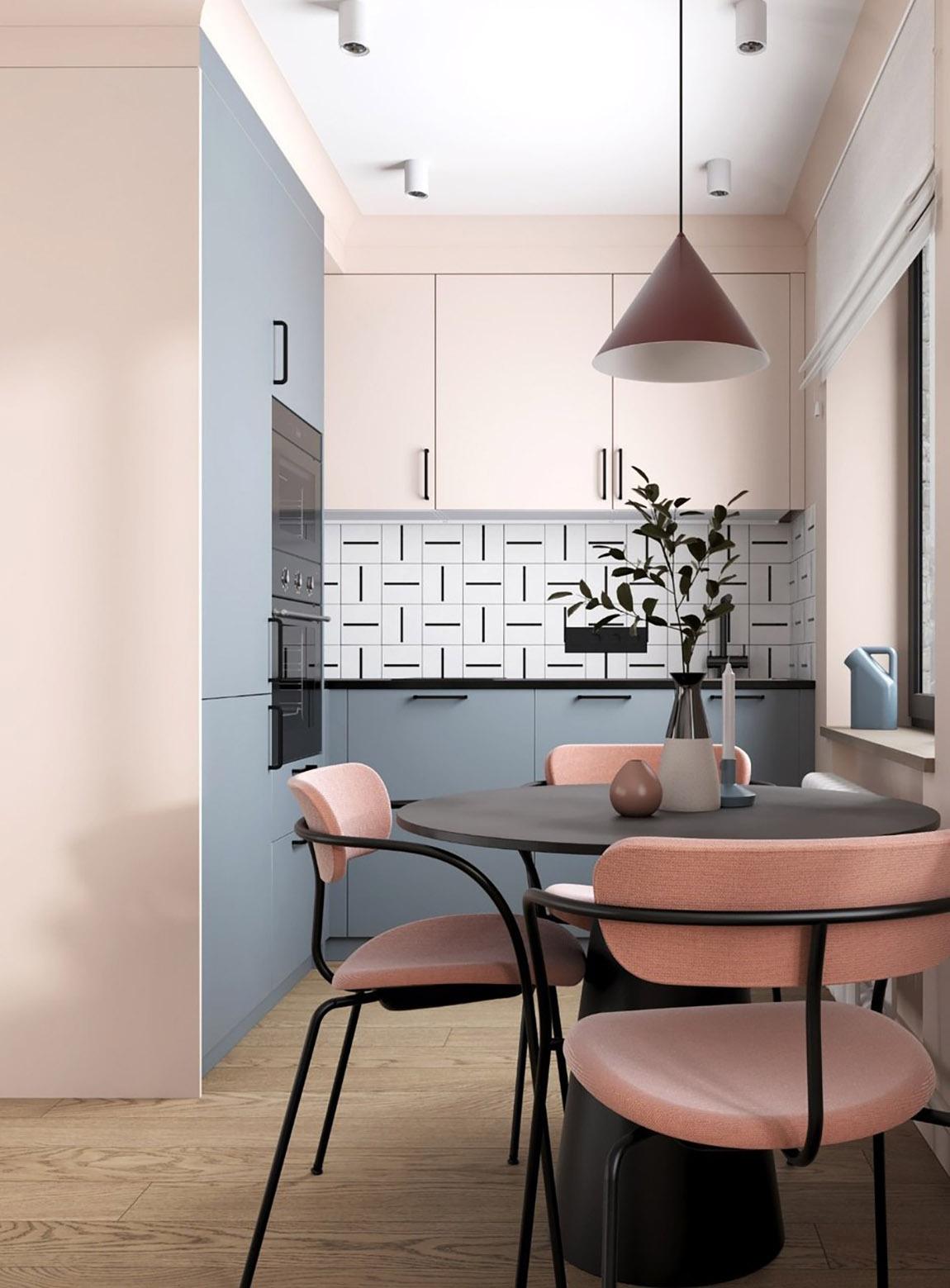 Borvörös, finom rózsaszín és kék - nő kis lakása új, modern elrendezéssel Borvörös, finom rózsaszín és kék - nő kis lakása új, modern elrendezéssel