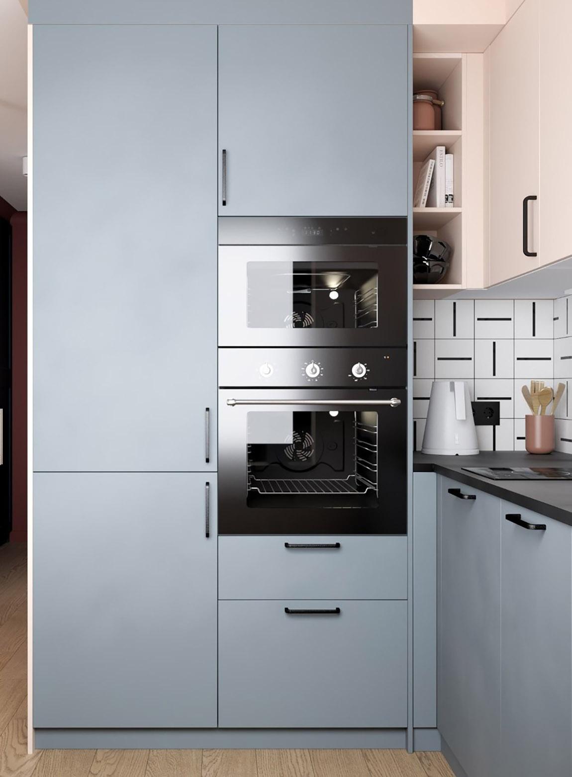 Borvörös, finom rózsaszín és kék - nő kis lakása új, modern elrendezéssel Borvörös, finom rózsaszín és kék - nő kis lakása új, modern elrendezéssel