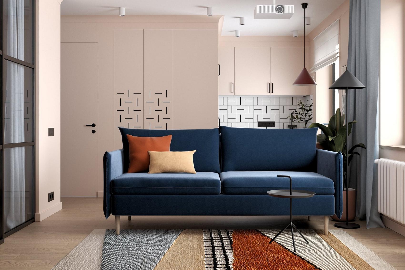 Borvörös, finom rózsaszín és kék - nő kis lakása új, modern elrendezéssel Borvörös, finom rózsaszín és kék - nő kis lakása új, modern elrendezéssel