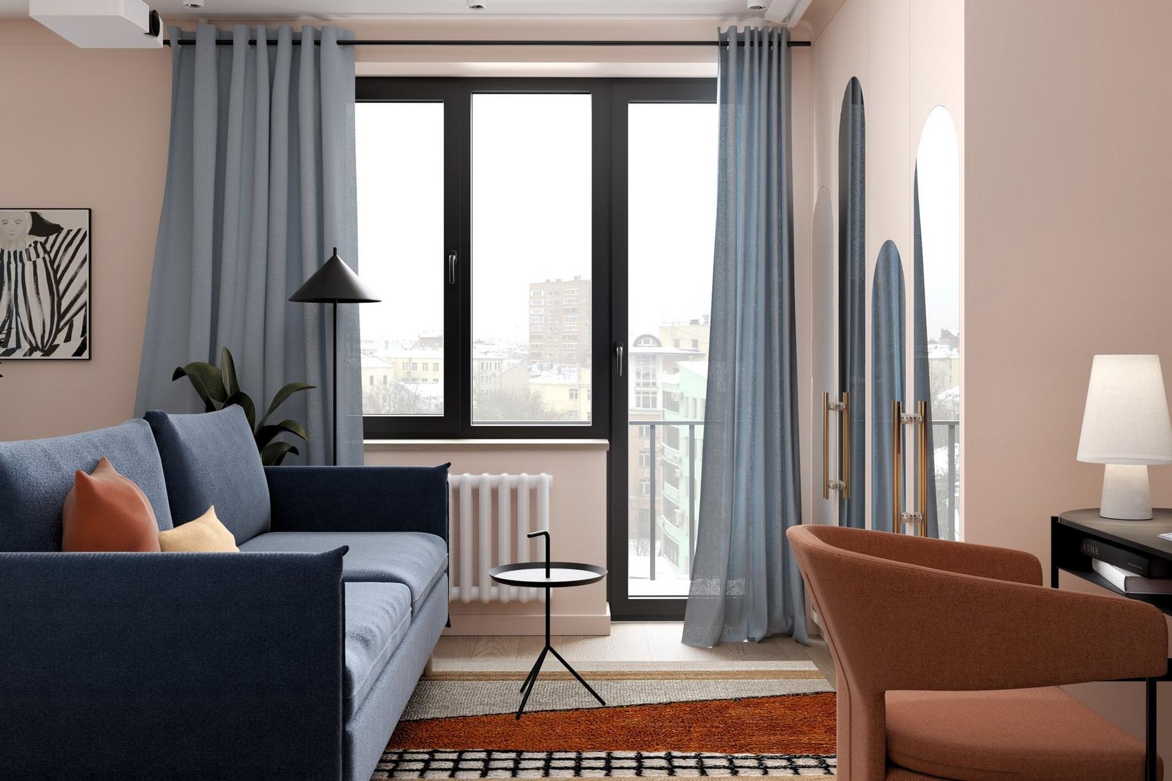 Borvörös, finom rózsaszín és kék - nő kis lakása új, modern elrendezéssel Borvörös, finom rózsaszín és kék - nő kis lakása új, modern elrendezéssel