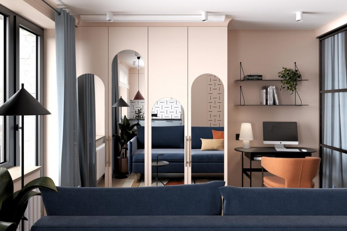 Borvörös, finom rózsaszín és kék - nő kis lakása új, modern elrendezéssel