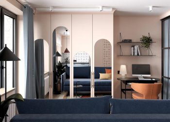 Borvörös, finom rózsaszín és kék - nő kis lakása új, modern elrendezéssel