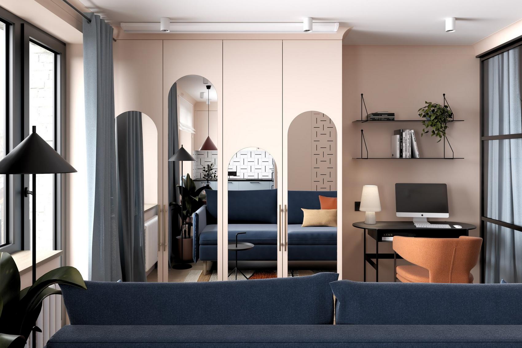 Borvörös, finom rózsaszín és kék - nő kis lakása új, modern elrendezéssel Borvörös, finom rózsaszín és kék - nő kis lakása új, modern elrendezéssel