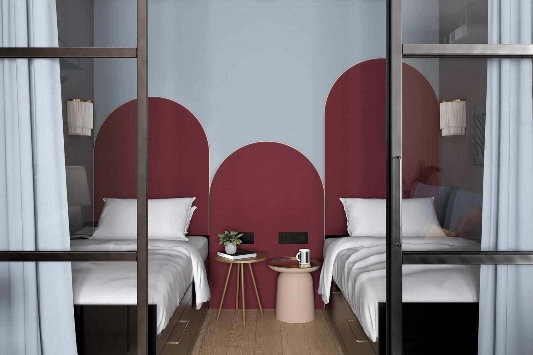 Borvörös, finom rózsaszín és kék - nő kis lakása új, modern elrendezéssel Borvörös, finom rózsaszín és kék - nő kis lakása új, modern elrendezéssel