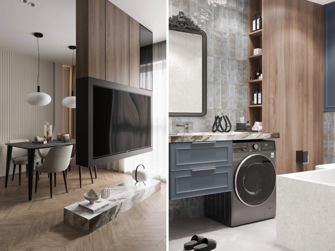 Elforgatható TV mint térelválasztó, hangulatos könyvtársarok család otthonában