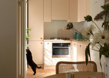 Fiatal nő és egy fekete macska: kényelmes otthon több korszak stíluselemeivel