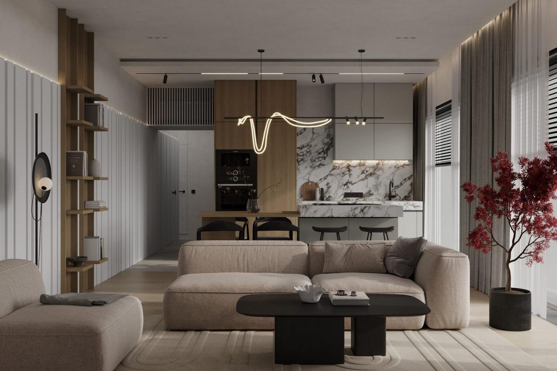 Kő, fa, falpanel: férfi otthona modern megoldásokkal és természetes anyagokkal