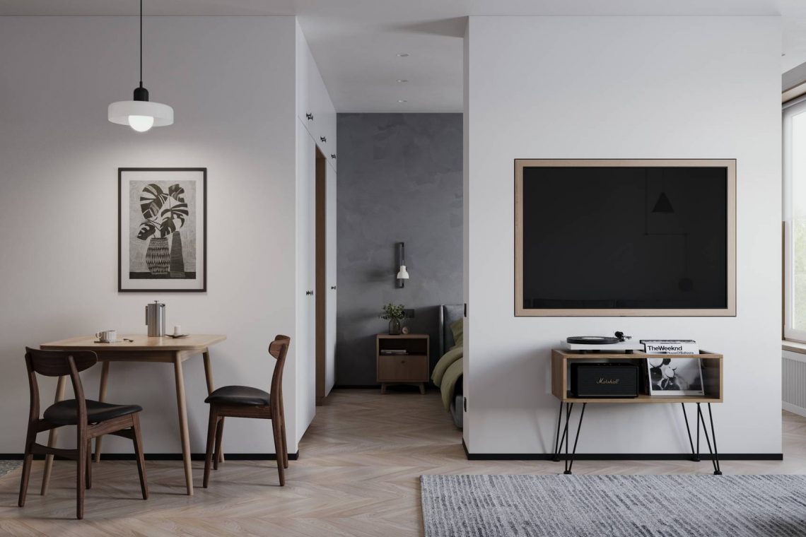 Ötletes térelválasztás elforgatható tévével, harmonikus, kényelmes berendezés