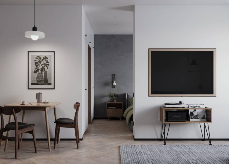 Ötletes térelválasztás elforgatható tévével, harmonikus, kényelmes berendezés