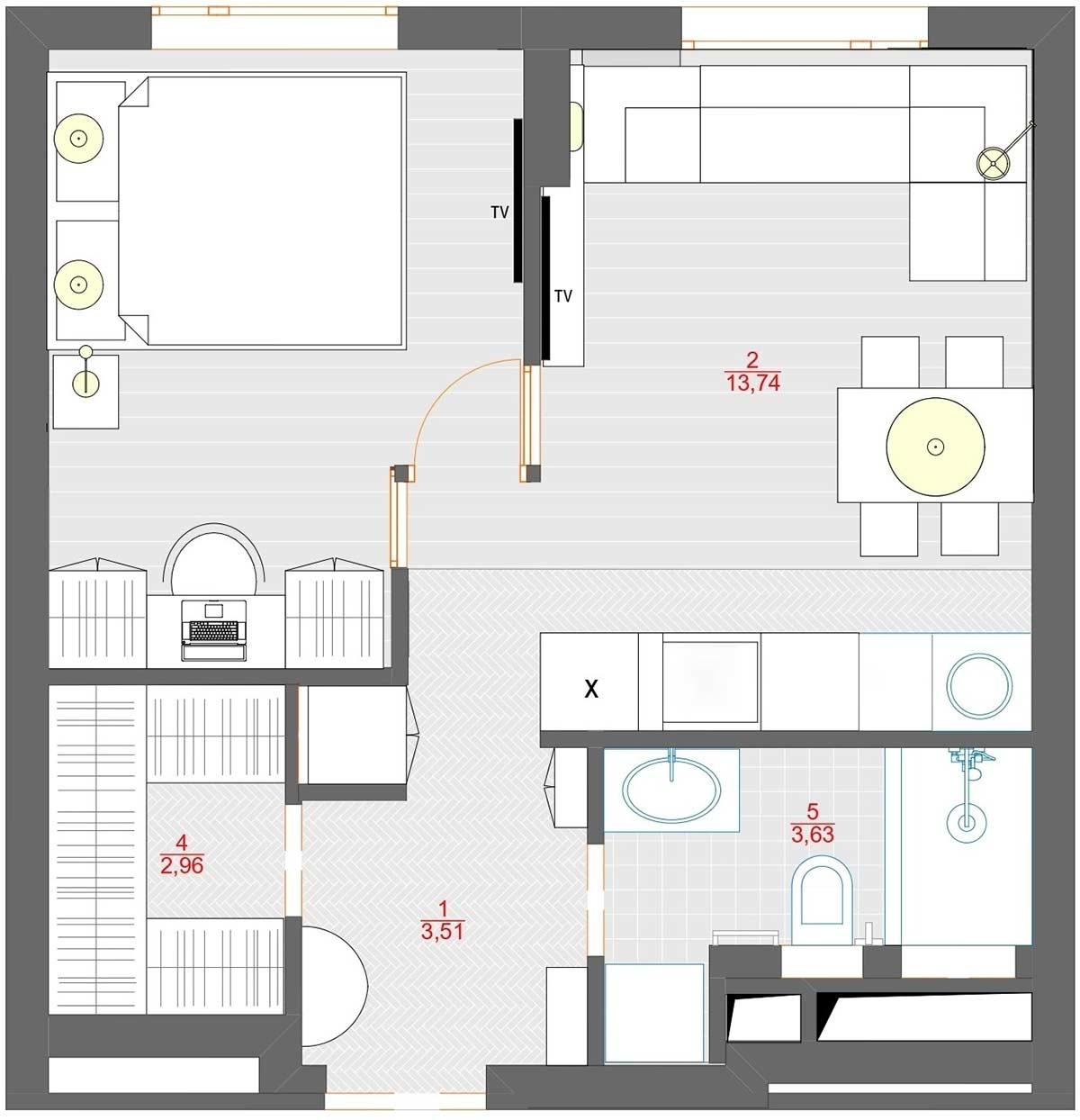 A tágasság illúziója ügyes térszervezéssel fiatal házaspár 34m2-es otthonában