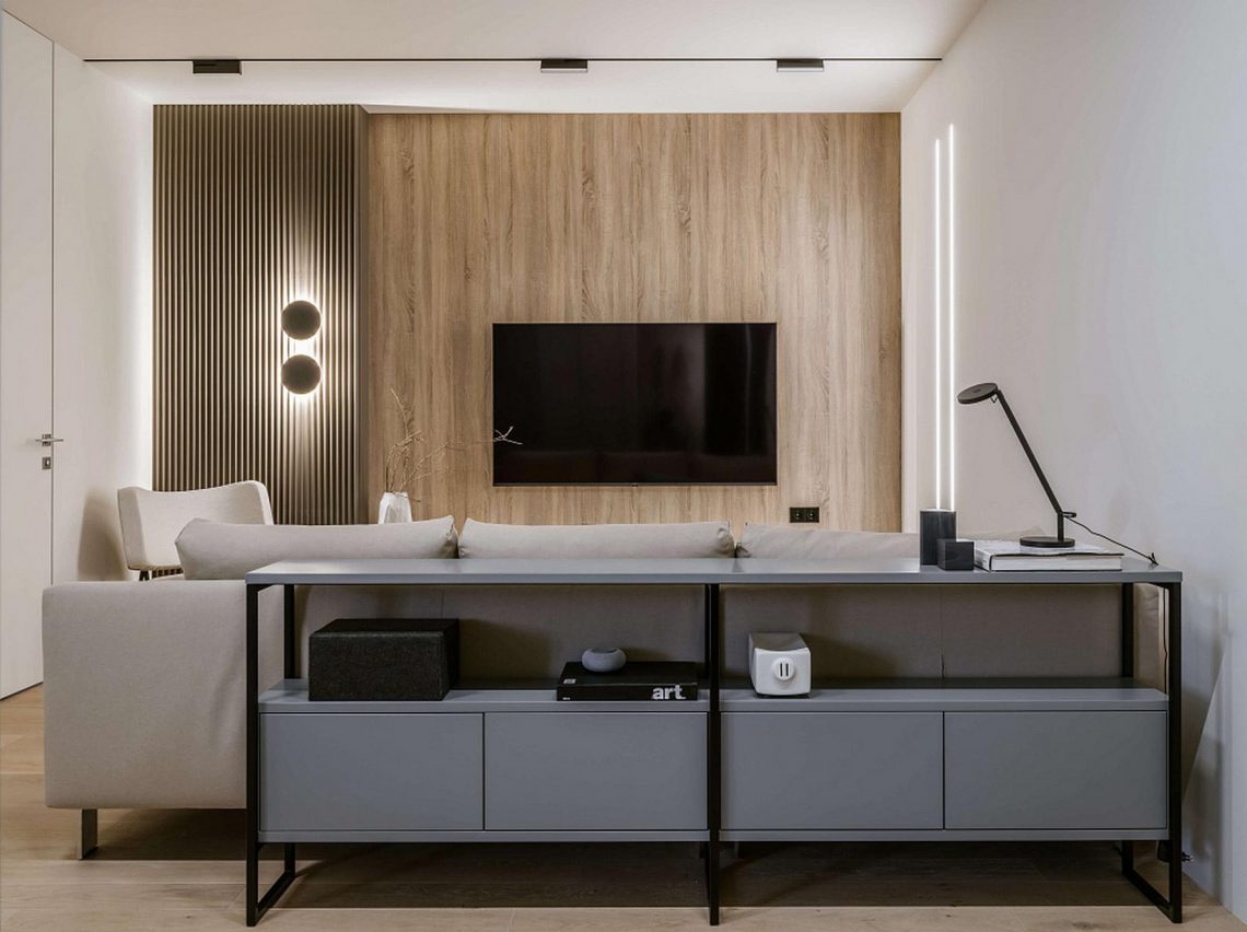 Család új építésű lakása szabálytalan alaprajzzal - letisztult, elegáns enteriőr