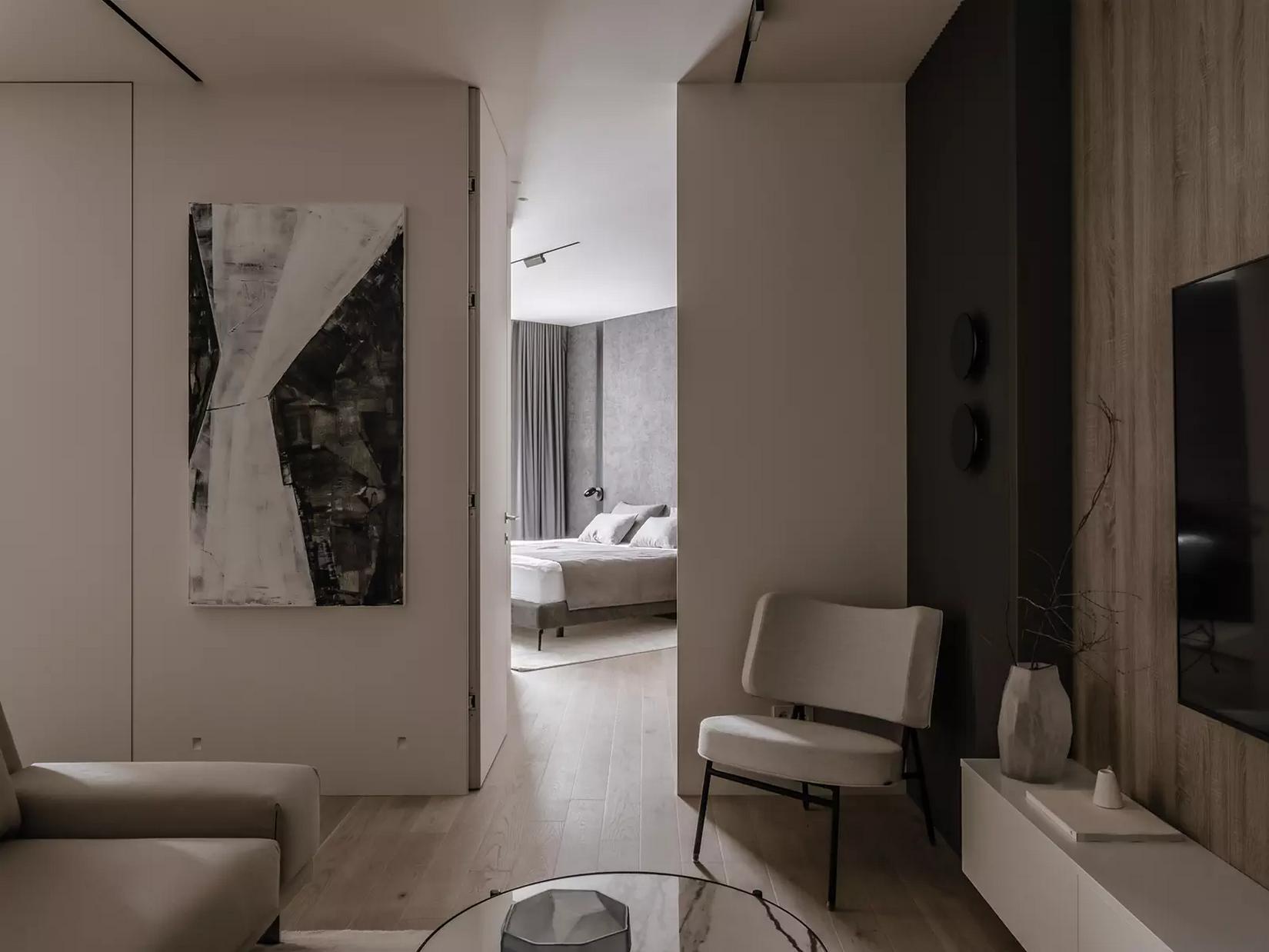 Család új építésű lakása szabálytalan alaprajzzal - letisztult, elegáns enteriőr Család új építésű lakása szabálytalan alaprajzzal - letisztult, elegáns enteriőr