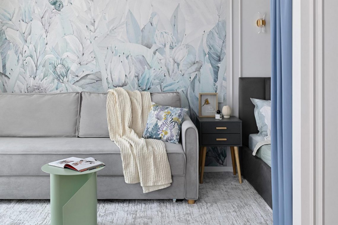 Finom enteriőr világoskék árnyalatokkal, modern klasszikus stílus 37m2-en