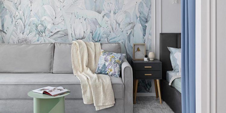 Finom enteriőr világoskék árnyalatokkal, modern klasszikus stílus 37m2-en