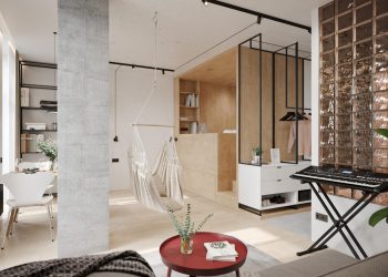 Többfunkciós bútor rejtett ággyal, dolgozósarokkal és konyhával modern kislakásban