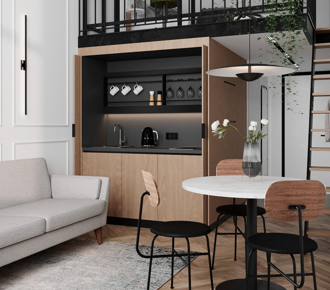 Üzletasszony kis stúdiólakása: esztétikus enteriőr 24m2-en, nagy belmagassággal