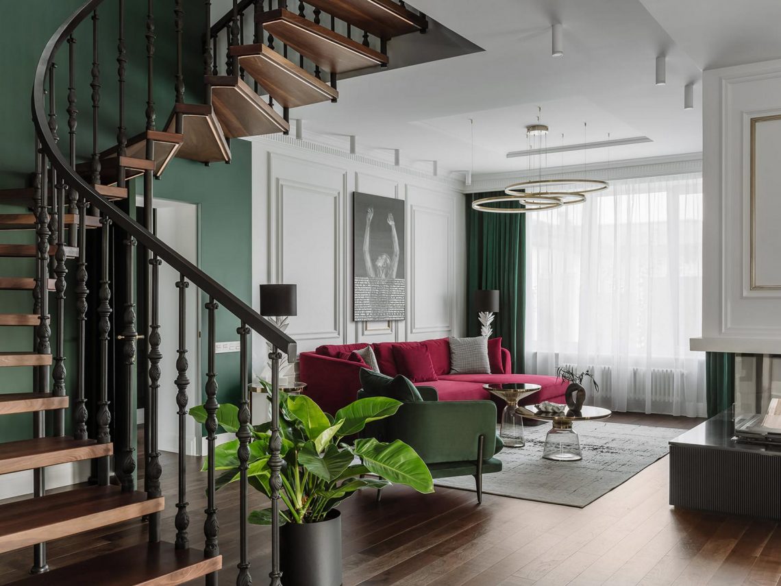 Vidéki ház színes, modern klasszikus berendezése: háromgyermekes család szép otthona