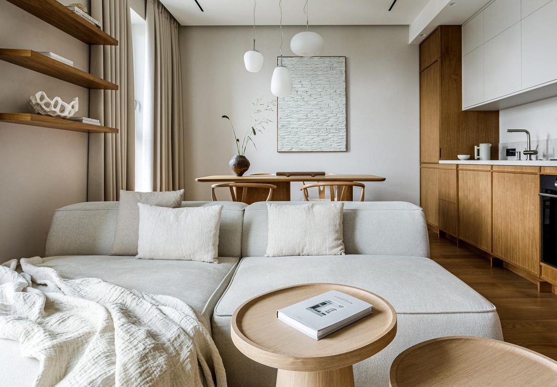 Világos színpaletta meleg fa felületekkel egy japandi stílusú lakásban