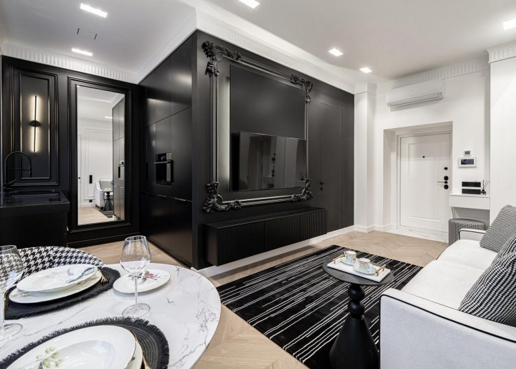 Fekete-fehér lakás különleges megoldásokkal, modern elegancia 45 négyzetméteren