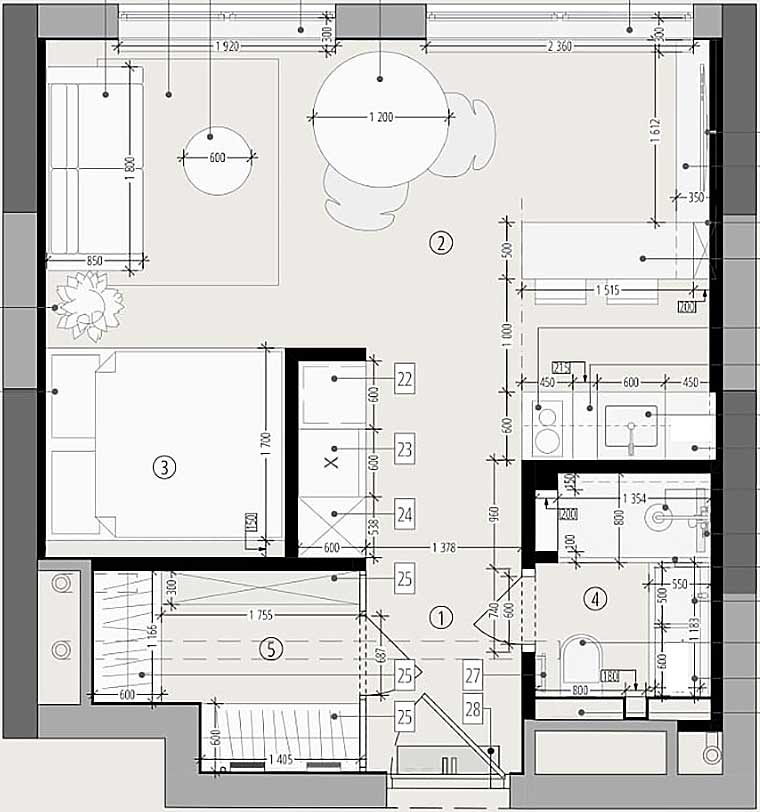 Fekete, fehér, meleg fa és lágy szürke: férfi kényelmes lakása, 36m2 Fekete, fehér, meleg fa és lágy szürke: férfi kényelmes lakása, 36m2