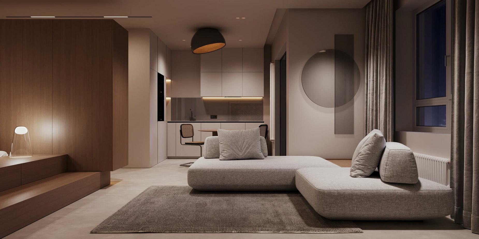 Maximális kényelem minimalista stílusban berendezett kis lakásban