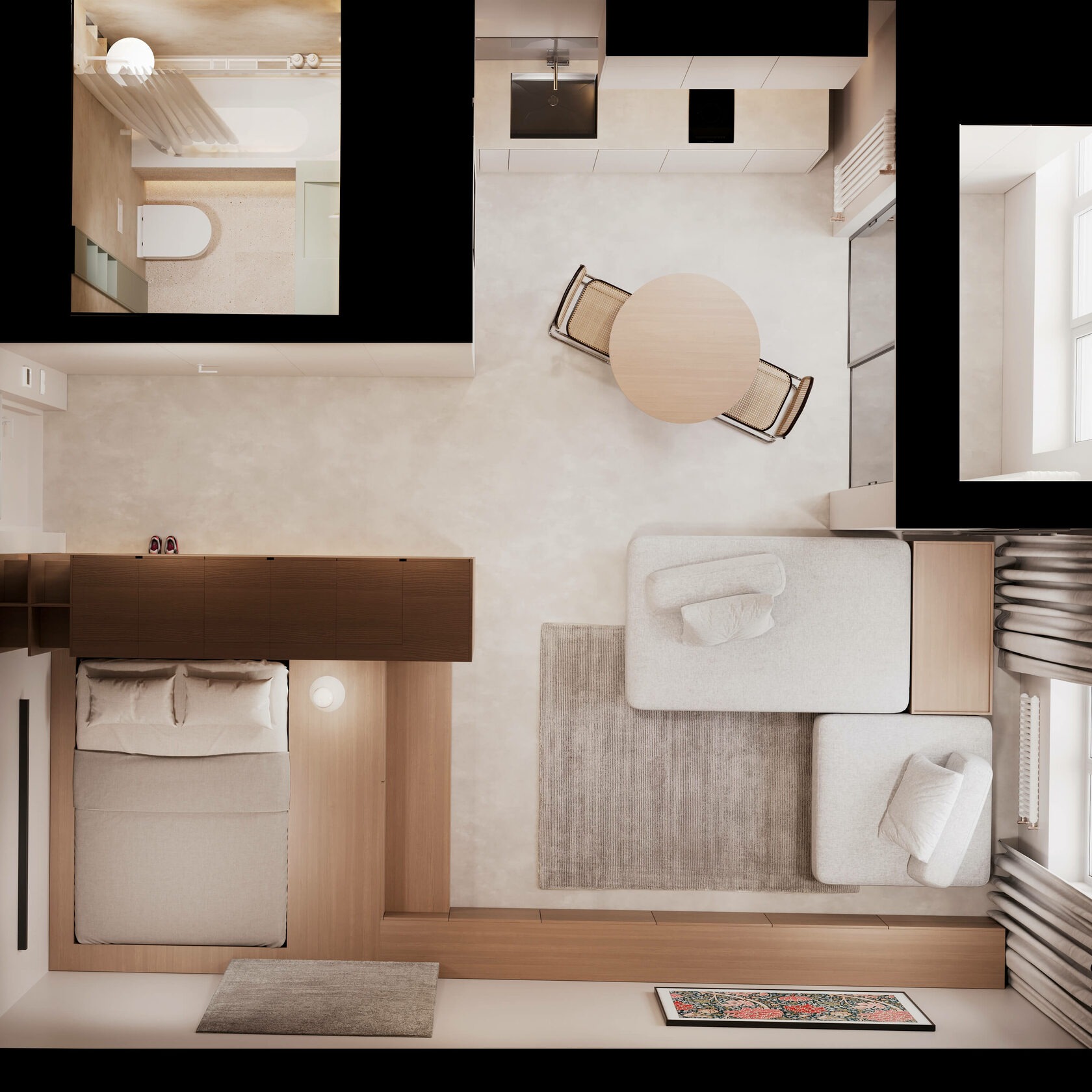 Maximális kényelem minimalista stílusban berendezett kis lakásban