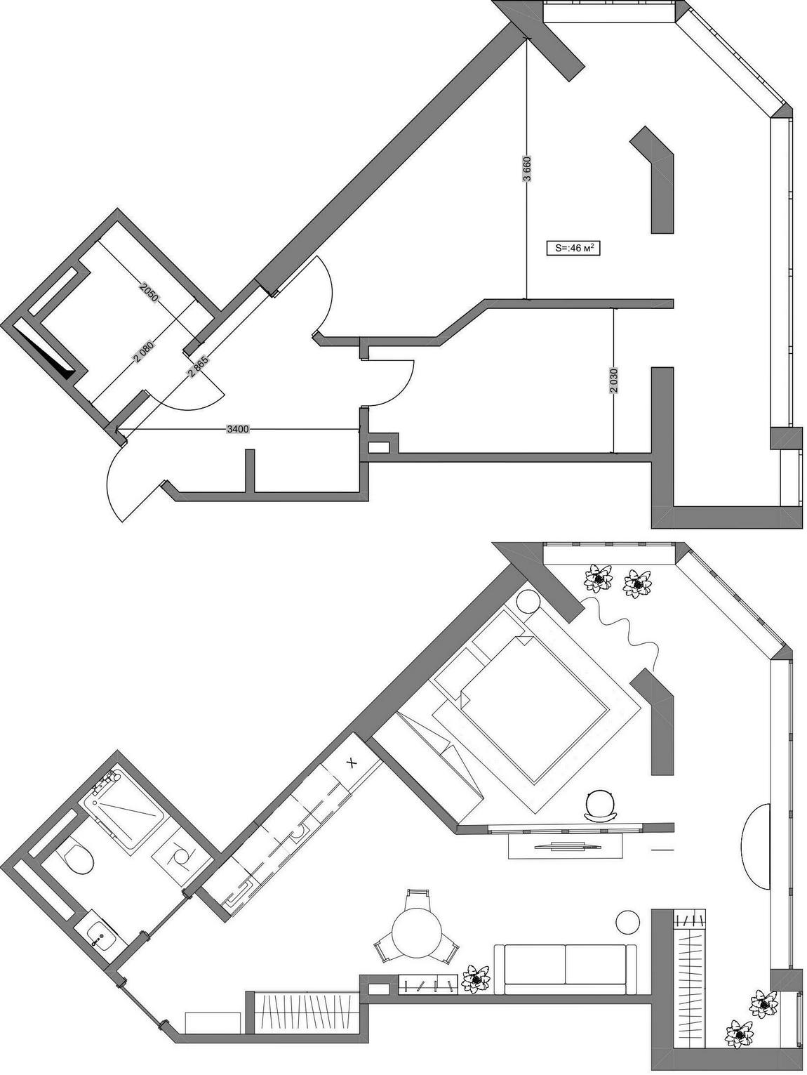 Szabálytalan alakú új építésű lakás klassz, színes berendezése fiatal férfinak