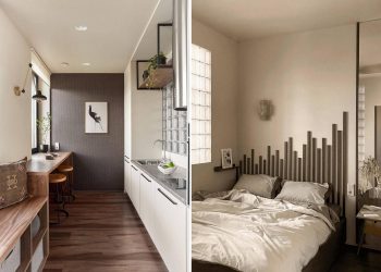 A válaszfalak fele üvegtégla: férfi lakása meleg monokróm színvilággal