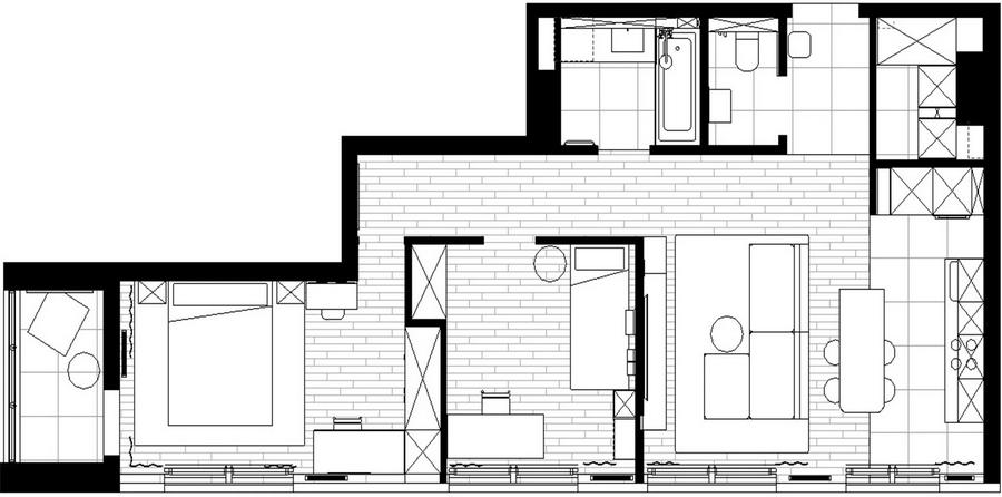 Falak nélkül átvett üres tér berendezése lakóparkban: fiatal pár lakása Falak nélkül átvett üres tér berendezése lakóparkban: fiatal pár lakása