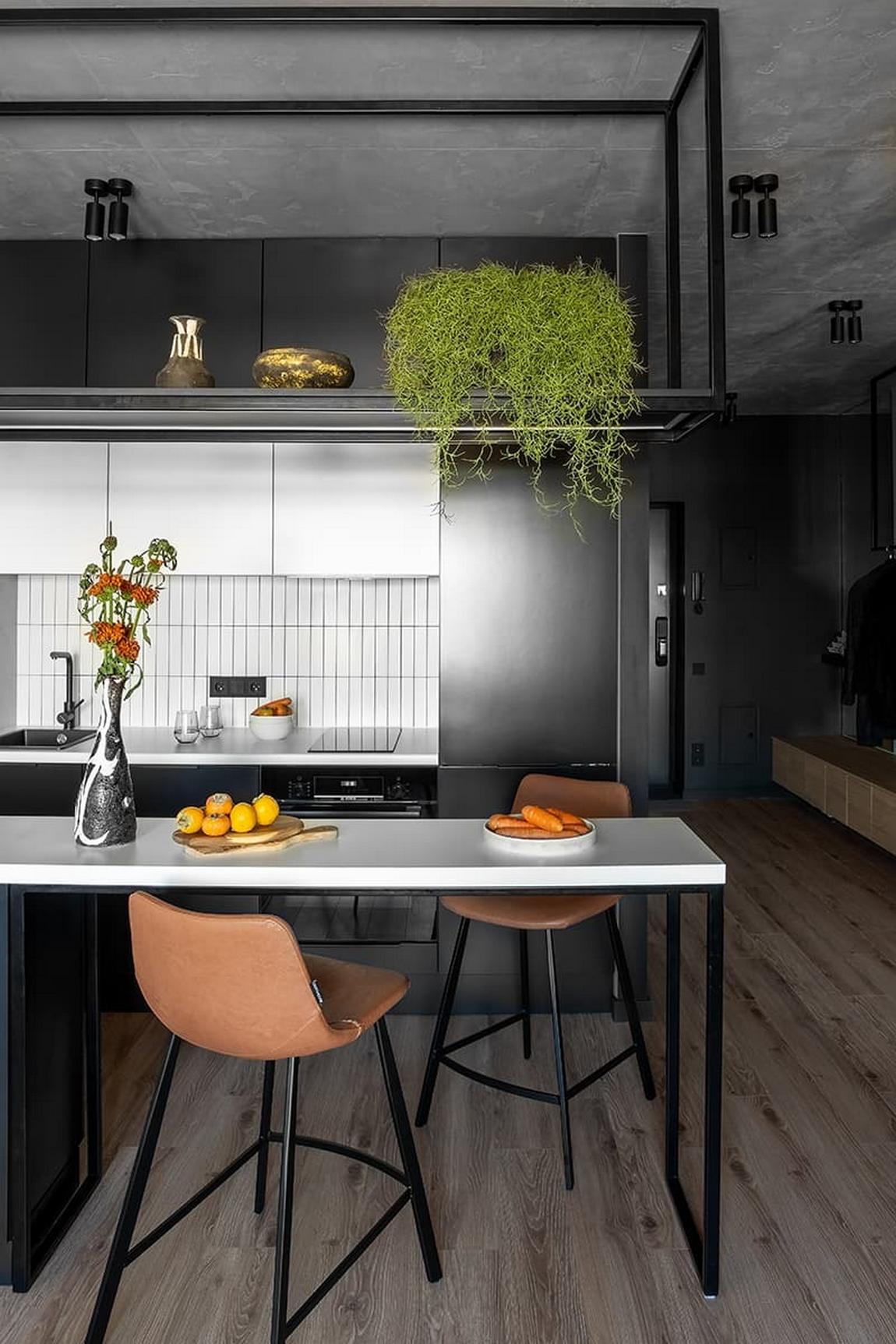 Kő, fa, üveg és dekorációs vakolat: karakteres berendezés férfi 42 m²-es lakásában