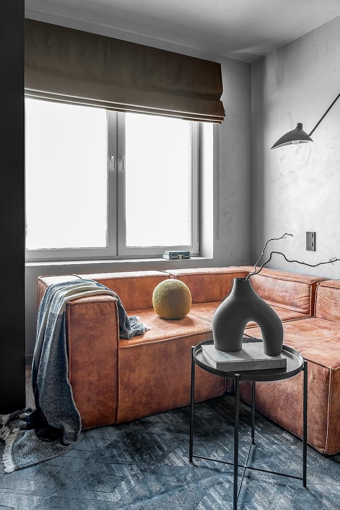 Kő, fa, üveg és dekorációs vakolat: karakteres berendezés férfi 42 m²-es lakásában