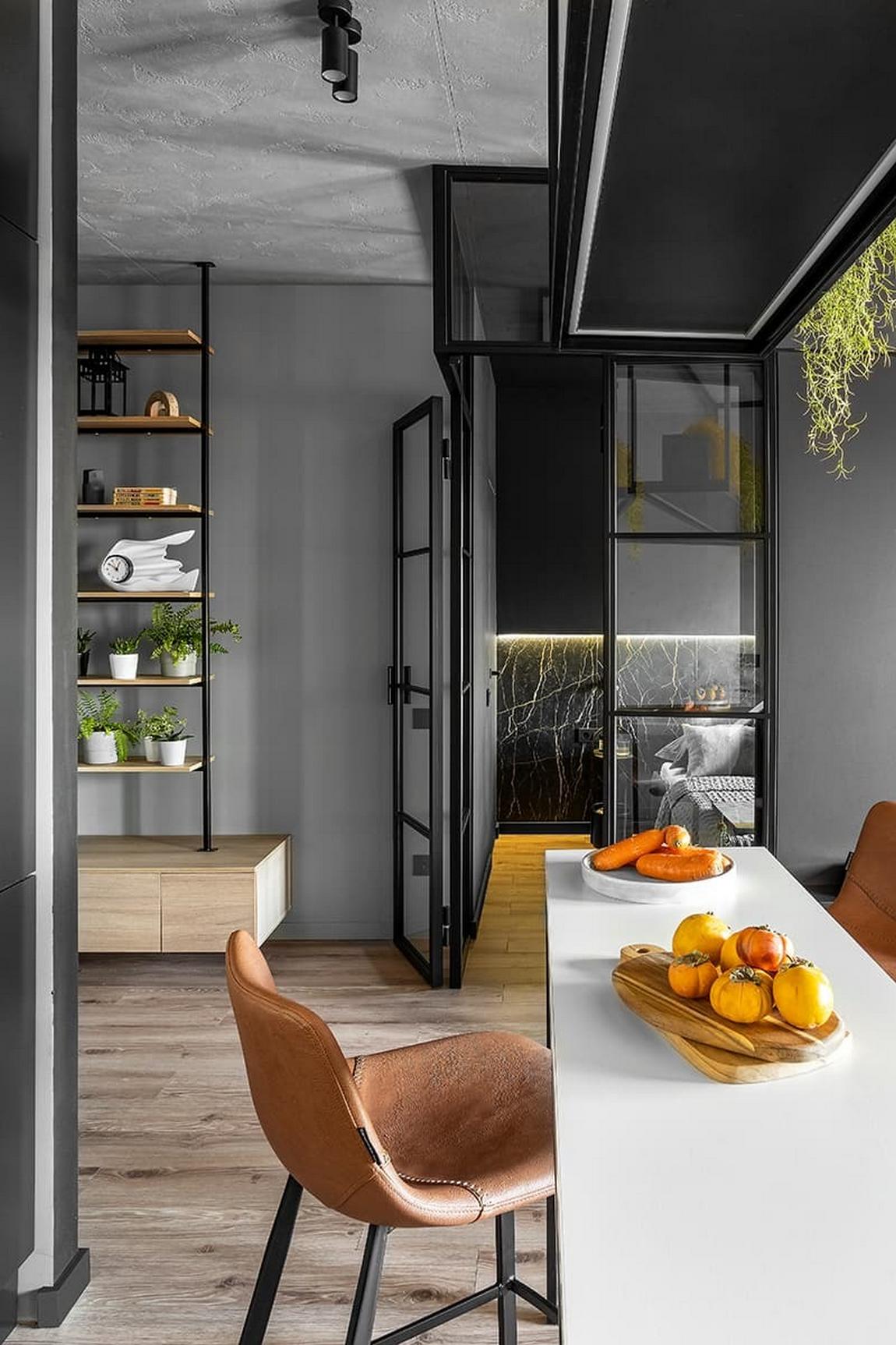 Kő, fa, üveg és dekorációs vakolat: karakteres berendezés férfi 42 m²-es lakásában