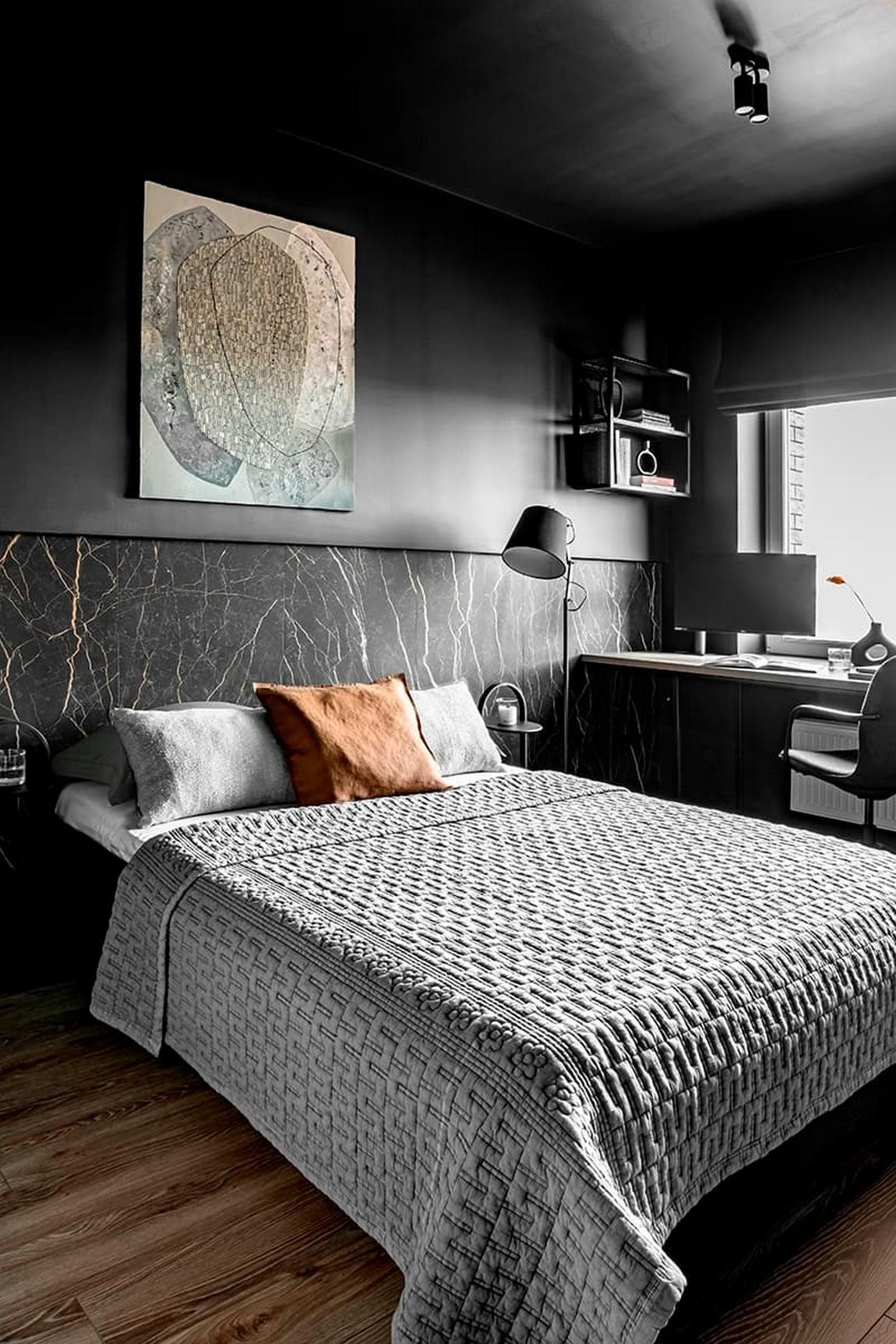 Kő, fa, üveg és dekorációs vakolat: karakteres berendezés férfi 42 m²-es lakásában